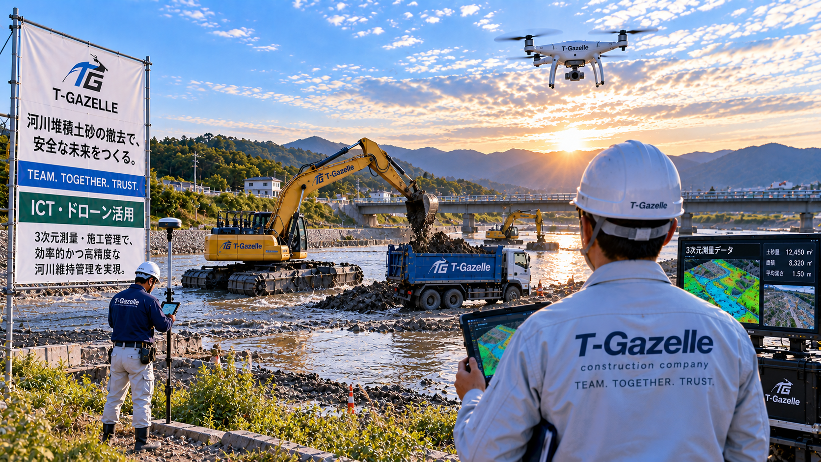 T-Gazelle ICT・ドローン活用 河川堆積土砂撤去工事